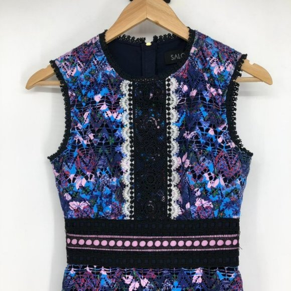 SALONI Trudi Sleeveless Chevron Lace Sleeveless Cocktail Dress Blue Multicolor 0 - Picture 10 of 16